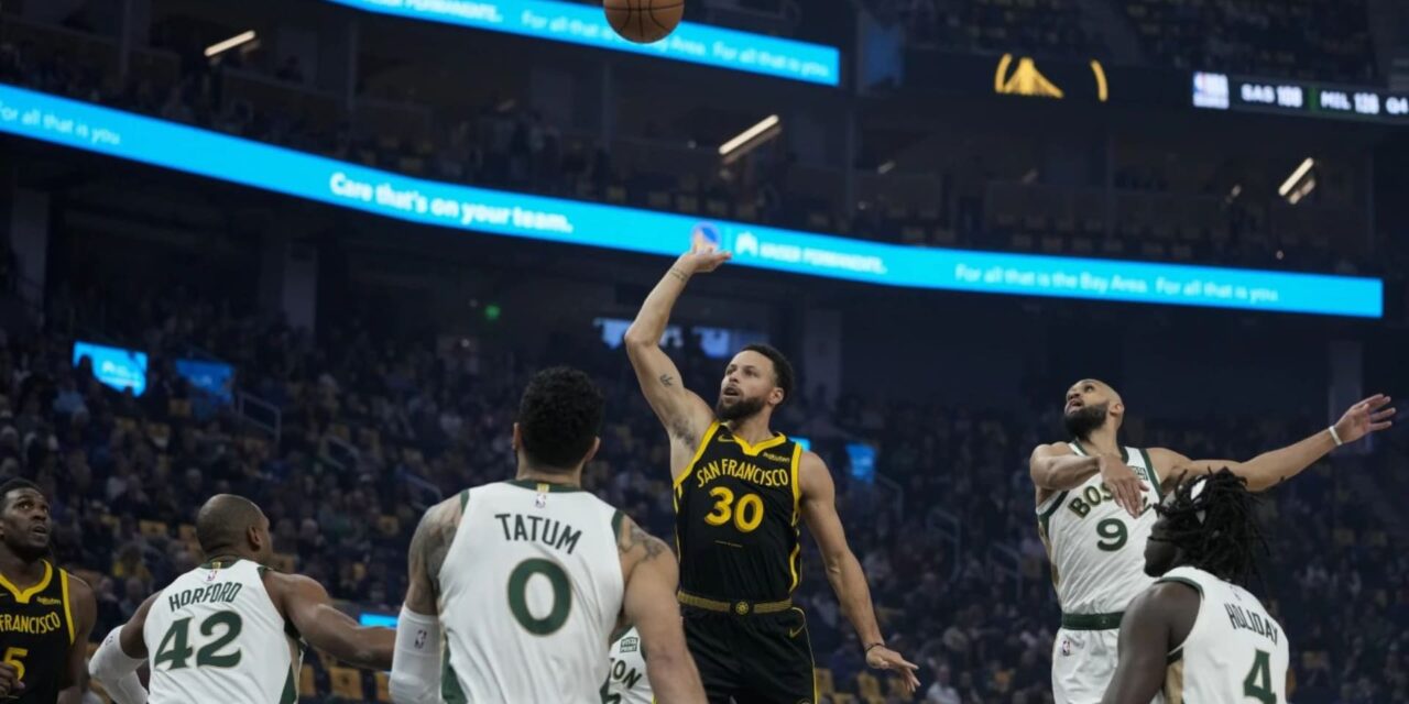 Curry anota 33 puntos; Warriors se imponen a Celtics en tiempo extra