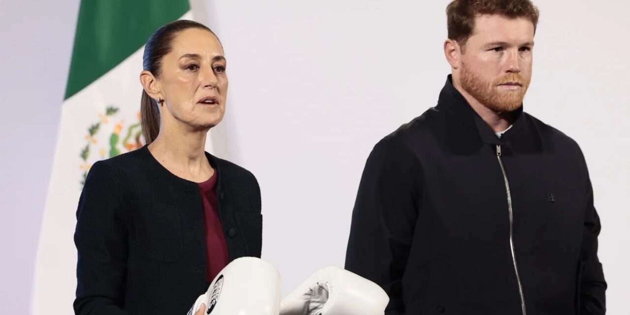 El boxeador mexicano Saúl ‘Canelo’ Álvarez entrega “guantes blancos de la paz” a Sheinbaum