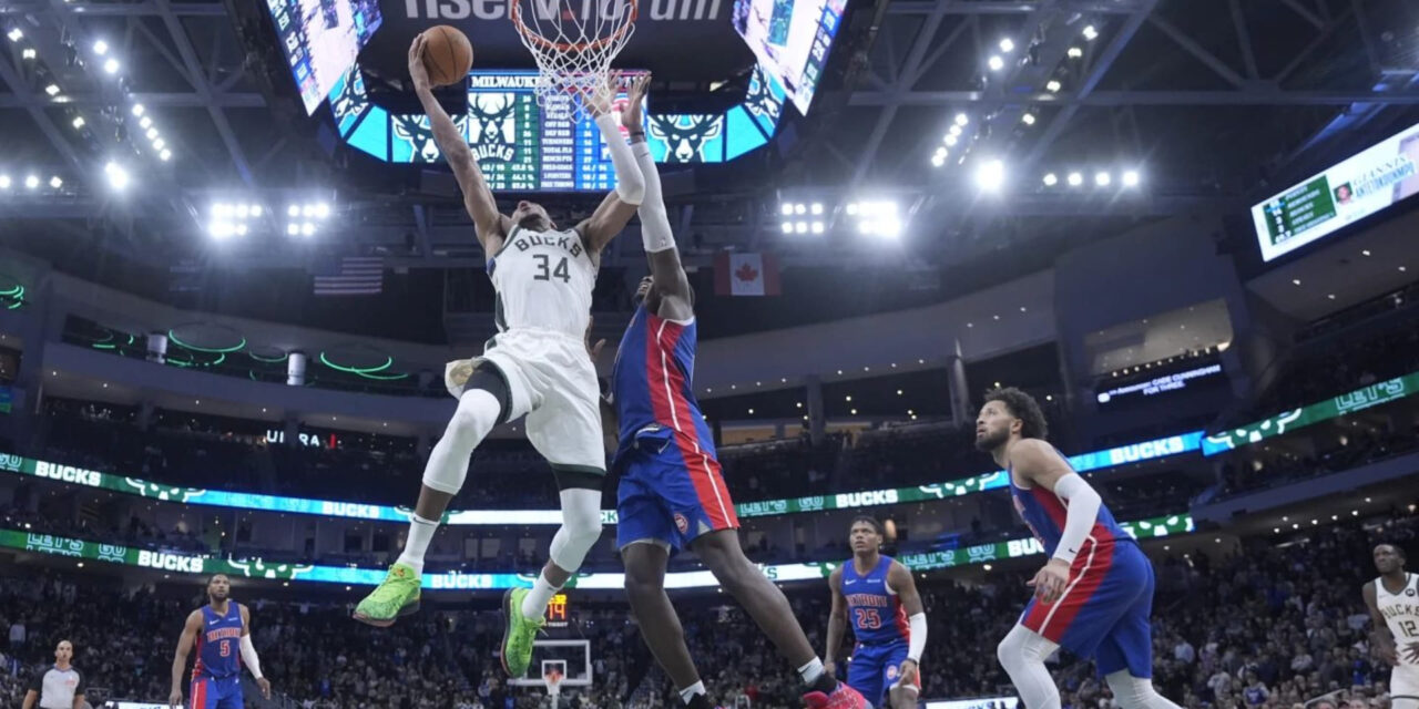 Antetokounmpo registra 59 puntos y Bucks vencen 127-120 a Pistons en tiempo extra