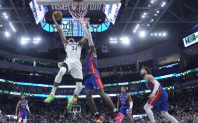 Antetokounmpo registra 59 puntos y Bucks vencen 127-120 a Pistons en tiempo extra