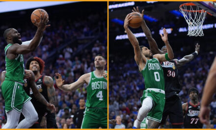 Los Celtics vencieron a los 76ers 108-100 en el tercer partido, impulsados ​​por los 25 puntos de Tatum y Brown.