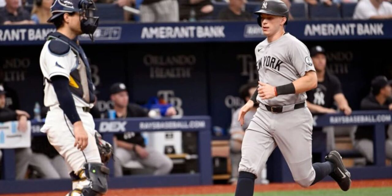 Ben Rice pega 2 jonrones y Yankees vencen 12-4 a los Rays para dividirse la serie