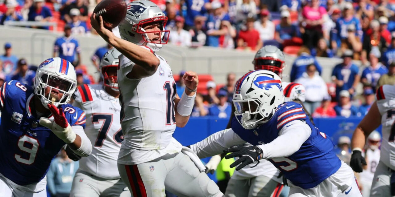 Maye supera sus dos pérdidas de balón con 3 pases de touchdown en victoria de Patriots por 29-26 sobre los Bills.